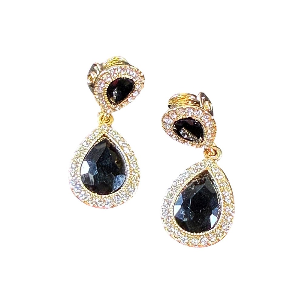 Monet Black Teardrop Rhinestone Dangle Clip On Earrings Gold Tone Vintage